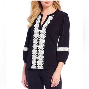 KARL LAGERFELD Womens Lace Trim Boho Top Size Large Black Peasant 3/4 Sleeve